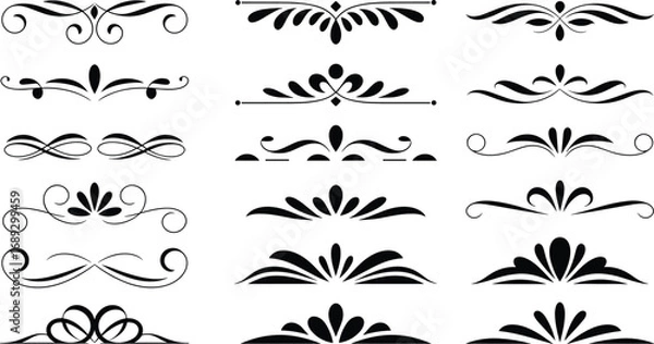 Fototapeta Ornate Black Decorative Flourishes and Dividers on White Background Keywords: flourish, decorative, element, divider, ornament, ornate, elegant, graphic, design, set, collection, black, white