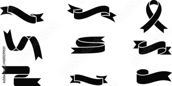 Fototapeta Assortment of Black Ribbon Banners and Swirls on White Background Keywords: ribbon, banner, swirl, flourish, decorative, element, graphic, design, set, collection, black, white, background