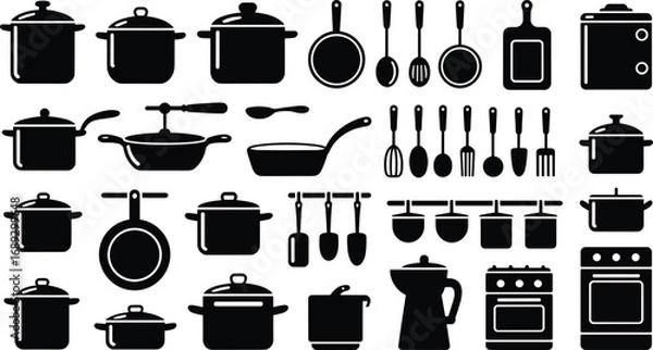 Fototapeta Assortment of Black Kitchenware Silhouettes Including Pots Pans and Utensils Keywords: kitchenware, cooking, pot, pan, saucepan, frying pan, cutting board, utensil, spoon, fork, whisk, ladle