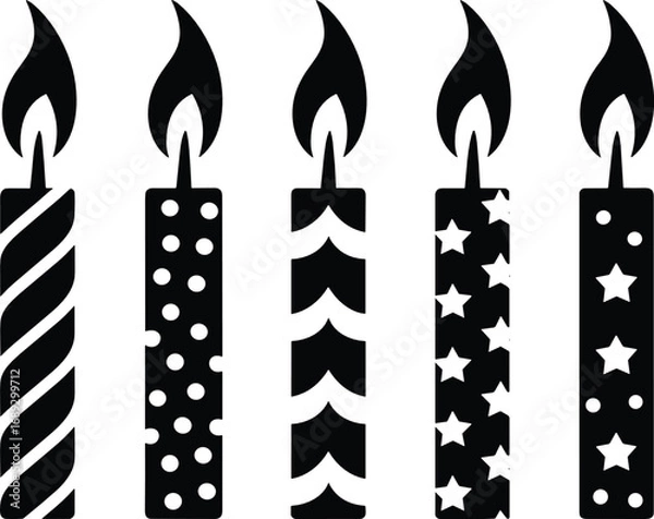 Fototapeta Black Silhouette Birthday Candles with Different Patterns on White Background celebration party