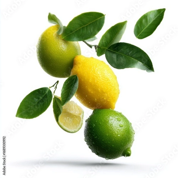 Fototapeta Fresh and juicy lemons and limes, adorned with vibrant green leaves, appear to be floating in the air. The image captures the refreshing essence of the citrus fruits.