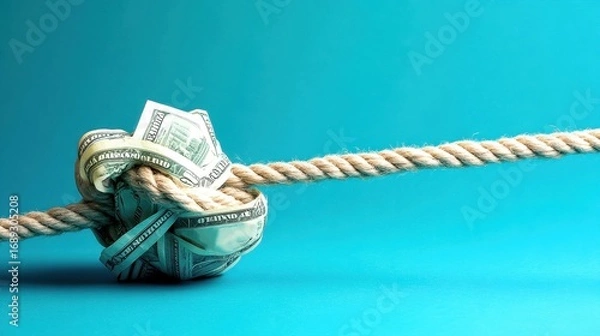 Fototapeta Creative Representation of Financial Strain with Money Bundled in a Knot Tied with Rope on a Vibrant Blue Background