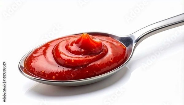 Fototapeta Vibrant chili sauce on a spoon, perfectly swirled to showcase its heat, thickness, and appetizing deep red color.