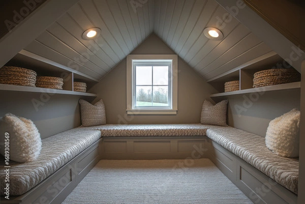 Obraz Bench facing windows in a room.