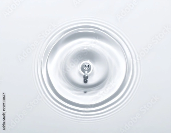 Fototapeta Minimalist top view of a single water droplet creating soft circular ripples on a clean white surface, symbolizing purity, calm, and harmony.