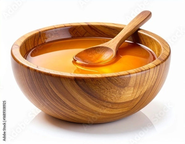 Fototapeta maple syrup held in a rustic wooden bowl, with colorful fall leaves accentuating the seasonal and natural theme.