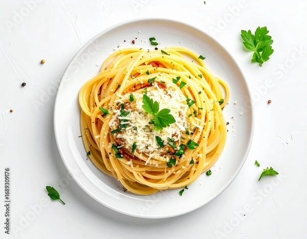 Fototapeta Top view of spaghetti with parmesan cheese and fresh herbs on white plate