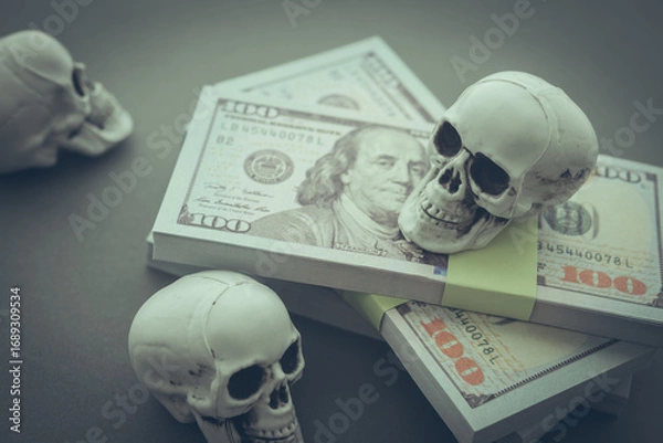 Obraz Stack US dollar banknotes with skulls. Dedollarisation concept. Countries dumping the US dollar, reduce their reliance on the US dollar as medium of exchange, a reserve currency and unit of account.