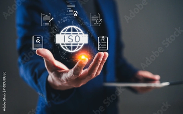Obraz A business professional holds a glowing globe with ISO documentation icons, symbolizing global standards and certification.