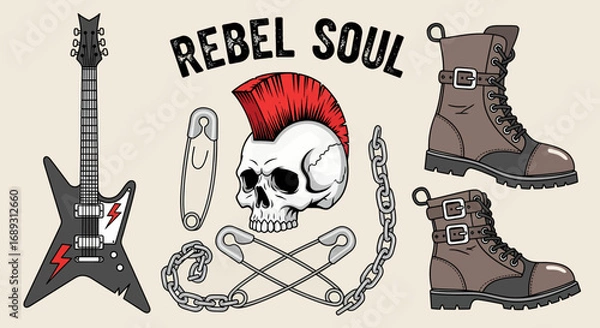 Obraz Creative collection of punk rock accessories flat vector illustration