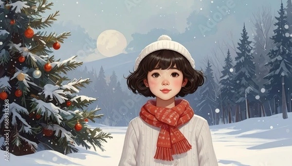 Fototapeta A winter scene featuring a girl standing near a decorated Christmas tree and snowy scenery. The girl is wearing a scarf, hat, and sweater, and a festive evergreen tree.