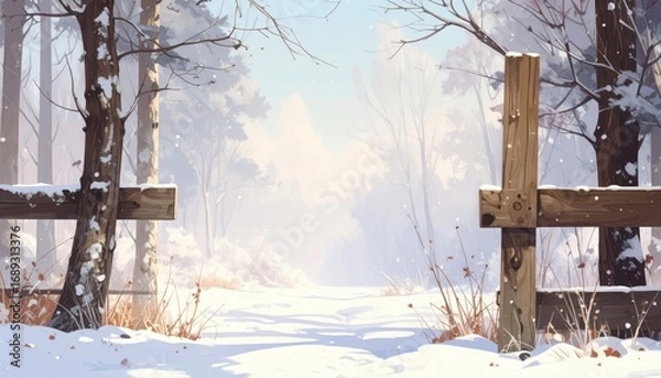 Fototapeta A tranquil winter scene showcasing a snow-covered path framed by a rustic wooden fence