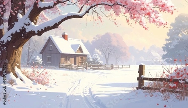 Fototapeta A charming cottage in a snowy wonderland, a picturesque winter scene with a house, snow, and a beautiful view. The scene captures the tranquility of winter