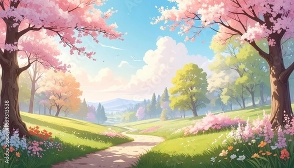 Fototapeta A picturesque scene of a pathway meadering through a park with cherry blossoms