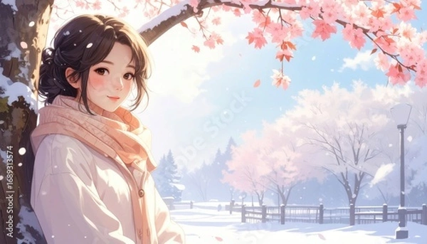 Fototapeta A young woman, with a serene expression, is seen in a peaceful snow-covered park, under the cherry blossoms. The image evokes a sense of tranquility and the beauty of winter