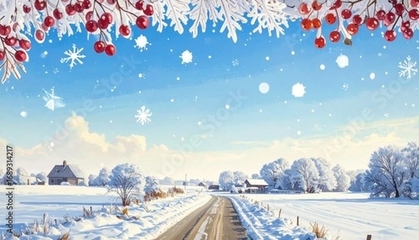 Fototapeta A serene winter scene featuring a snow-covered landscape with a road leading into the distance, adorned with festive details