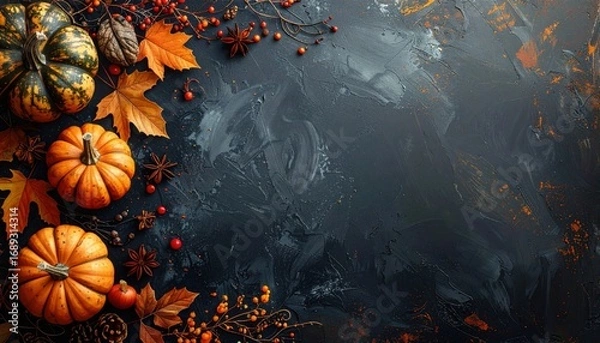 Fototapeta Autumn still life with pumpkins and fall foliage, creating a rustic atmosphere
