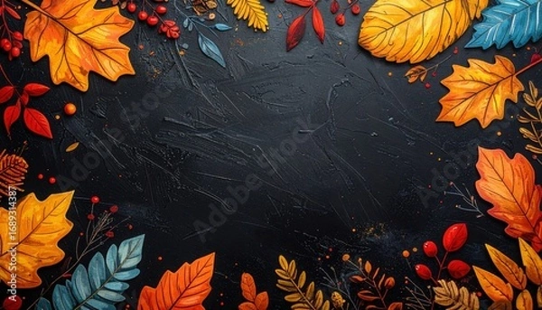 Fototapeta Colorful autumn leaves creating a vibrant and seasonal frame around a dark background