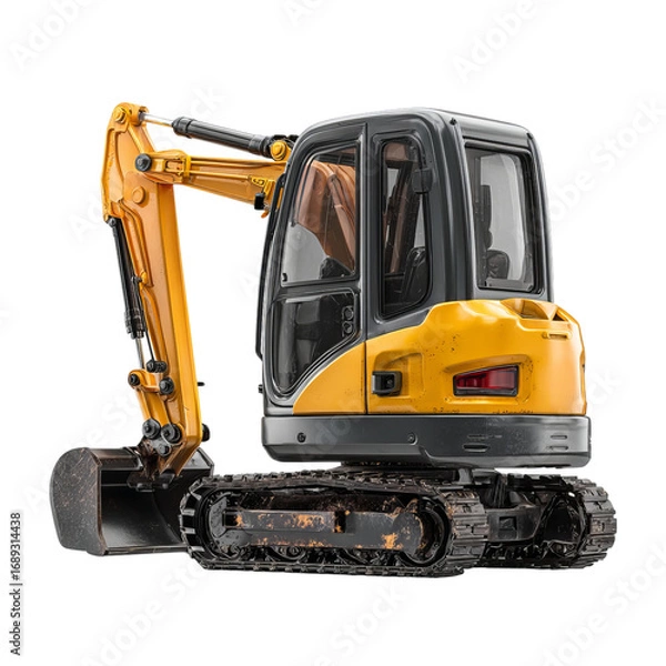 Fototapeta Png of yellow mini excavator isolated on transparent background, a versatile construction equipment for digging, trenching, and material handling