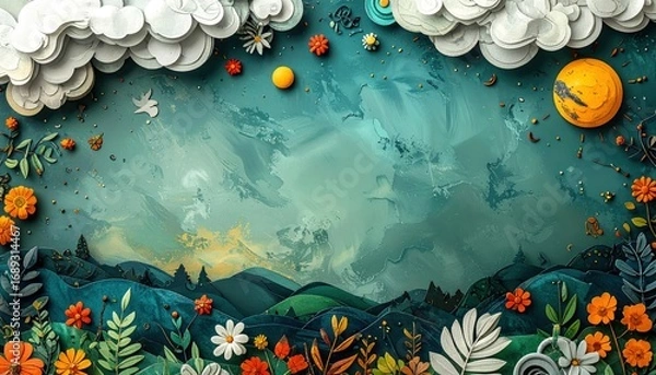 Fototapeta a colorful artistic landscape featuring the sky, clouds, trees and flowers. A whimsical scene with cheerful elements