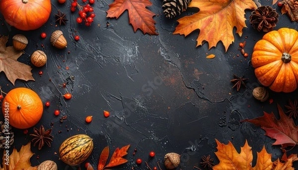 Fototapeta Autumnal composition of pumpkins, fallen leaves, and gourds, creating a textured seasonal display. This arrangement of pumpkins, acorns, and leaves evokes the essence of fall