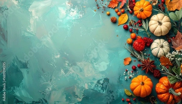 Fototapeta Autumn pumpkins and gourds, arranged on a textured surface, evoke a sense of warmth and abundance. The scene features pumpkins, gourds, and vibrant leaves, creating a harvest theme.