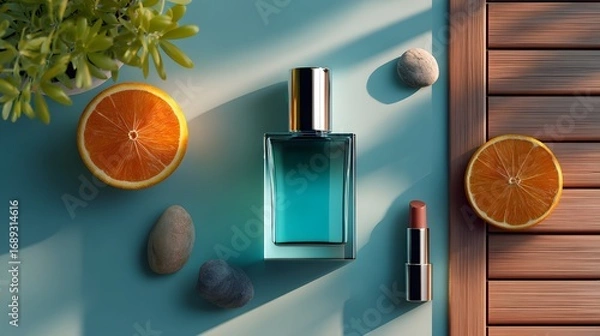 Fototapeta Elegant Perfume Bottle Surrounded by Orange Slices and Natural Elements on a Stylish Table