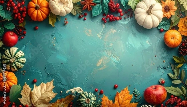 Fototapeta Fall harvest background decoration with colorful autumn foliage, pumpkins and red berries, ideal for seasonal projects and Thanksgiving themes