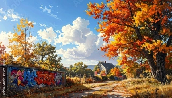 Fototapeta a picturesque autumn scene of a colorful house, trees with foliage and a graffiti-covered wall under a clear blue sky