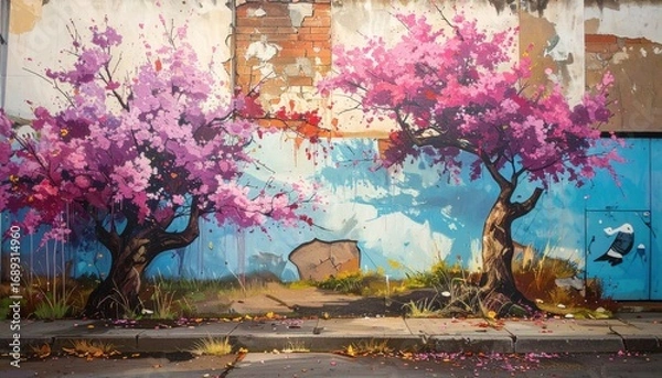 Fototapeta A vibrant street art featuring blossoming cherry trees, adding a touch of nature to the urban landscape