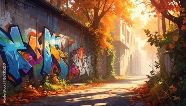 Fototapeta A vibrant graffiti art on a brick wall in a scenic autumn setting, surrounded by a pathway leading into a bright area, the autumn leaves adding to the aesthetics