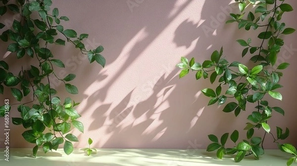 Fototapeta Green vines frame a pink textured wall with soft shadows and a light green surface. It's ideal for backgrounds, product mockups, or adding a natural, organic feel.