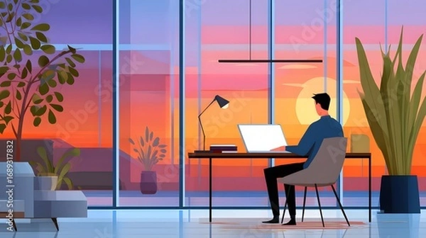 Fototapeta Man Working on Laptop in Modern Workspace with Plants During Colorful Sunset View