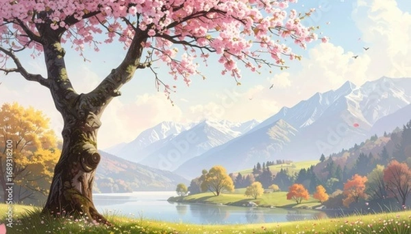 Fototapeta A picturesque spring scenery with a blooming cherry tree and mountain view. The image evokes feelings of tranquility and natural beauty