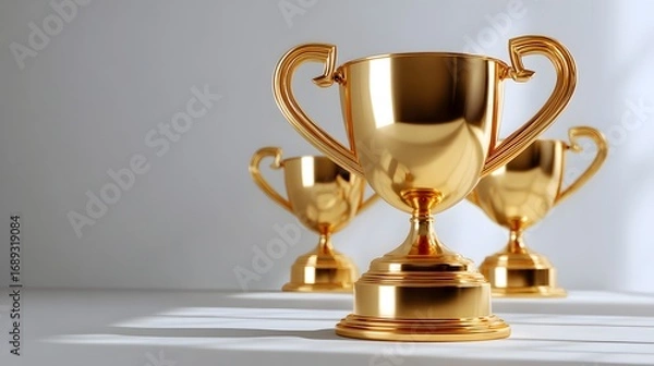 Fototapeta Three Glimmering Gold Trophies Arranged Elegantly on a White Background with Soft Shadows