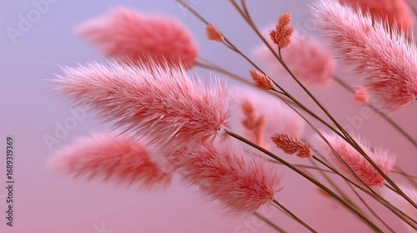Fototapeta Soft Pink Pampas Grass Blooms Gently against a Blurred Background in a Studio Setting