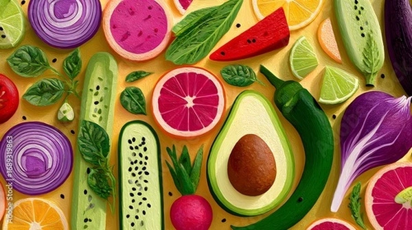 Fototapeta Vibrant Collection of Fresh Fruits and Vegetables Displayed in a Flatlay Arrangement