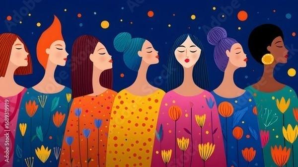 Fototapeta Illustration of Diverse Women with Colorful Hair and Patterns Expressing Unity Against a Starry Background