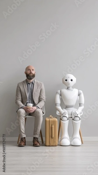 Fototapeta Businessman with a takeaway coffee cup and humanoid robot sitting next to a suitcase, both looking up in a waiting room with copy space on the wall