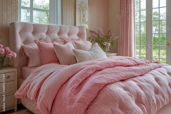 Obraz Pink bed with matching comforter and pillows.