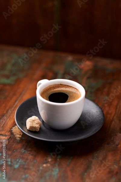 Fototapeta Cup of coffee on rustic wooden background. Soft focus. Copy space	