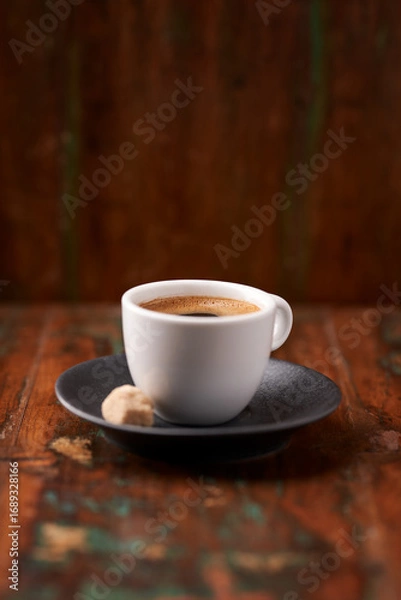 Fototapeta Cup of coffee on rustic wooden background. Soft focus. Copy space	