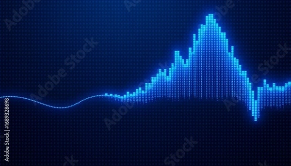 Fototapeta Abstract futuristic background with a glowing blue digital waveform representing data, finance, or audio signal fluctuations on a dark grid.