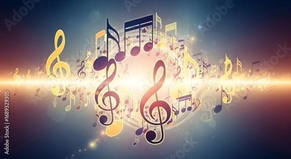 Fototapeta Artistic depiction of musical notes and symbols, radiating light and energy in a vibrant composition.