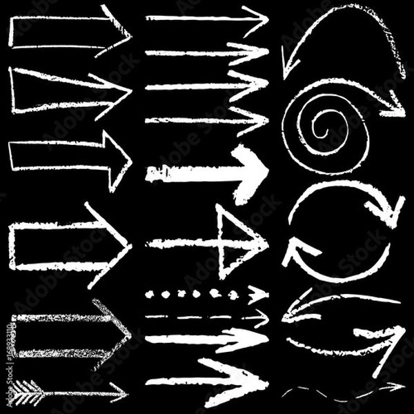Fototapeta set of vector illustration of hand drawn chalk arrows isolated on black background