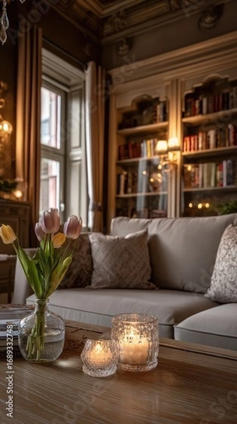 Fototapeta A cozy living room with antique decor, showcasing a light-filled space, a plush sofa, and delicate candles on a wooden coffee table.