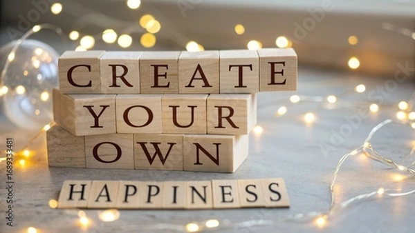 Fototapeta Create Your Own Happiness - Wooden blocks spelling out "Create Your Own Happiness" surrounded by warm fairy lights. Perfect for inspirational quotes, well-being, and self-care content