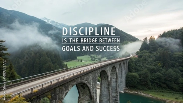 Fototapeta Discipline: The Bridge to Success - A scenic stone bridge symbolizes the journey to achievement. Persistence, dedication, hard work, and focus are key to bridging the gap between goals and success.