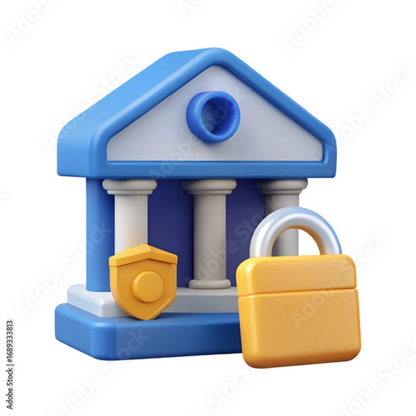 Fototapeta 3D icon of financial security with a bank, padlock, and shield, with a transparent background - Generative AI
