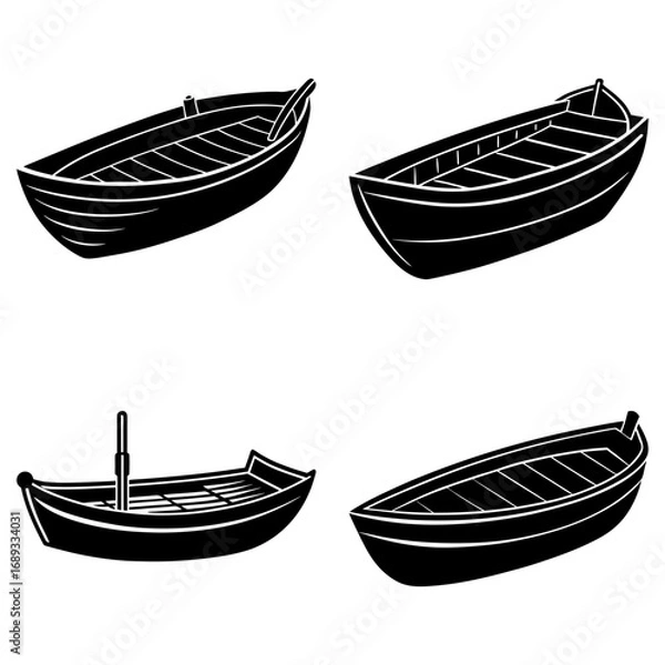 Fototapeta Four black and white rowboats of different styles isolated on a white background in a simple vector drawing